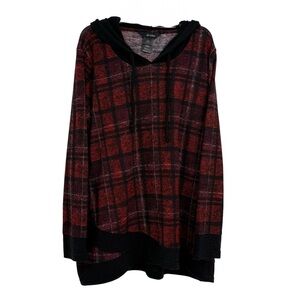 Ali Miles Women's Size Large Soft Tunic Top Pullover Hoodie Red Black Plaid